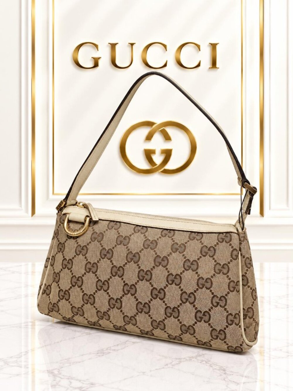 Authentic Gucci GG Monogram Canvas Shoulder Bag Beige Leather Trim Vintage Hobo